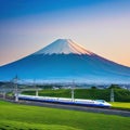 Shinkansen or Bullet train run pass through Mountain Fuji and Shibazakura at Shinkansen in Generetive Royalty Free Stock Photo