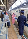 An N700 Shinkansen bullet train at a Tokyo station in Japan