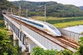 Shinkansen 500 high-speed train operated by Japan Rail JR West on Sanyo Shinkansen line in Kurashiki, Japan