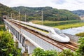 Shinkansen 700 high-speed train operated by Japan Rail JR West Rail Star on Sanyo Shinkansen line in Kurashiki, Japan