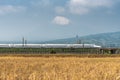 Shinkansen with Mountain Fuji in back and Grass in front