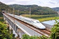 Shinkansen N700 high-speed train operated by Japan Rail JR West on Sanyo Shinkansen line in Kurashiki, Japan