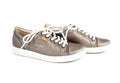 Shinny Brown Leather Sneakers With White Lace  1 Royalty Free Stock Photo