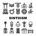 shinto japan shrine travel icons set vector