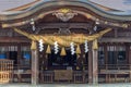 Shinto shrine, decorated with shimenawa rope and shide zigzag paper streamers. Ishikawa Prefecture, Japan