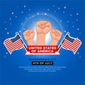 Shiny American Independence Day design background with flag and hand holding flag vector