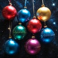 Shiny beautiful colorful Christmas balls and stars in background