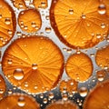 The water droplets on the orange slice are like pearls on a necklace.