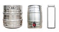 Shiny beer keg large and small size and aluminum slim can isolated on white background with clipping path Royalty Free Stock Photo