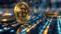 Shiny Bitcoin on a digital data grid