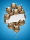 Shiny Bitcoin shaped balloons and white rectangle with copy space. Space for new price record concept.