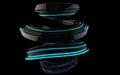 Shiny black abstract spiral form with blue glowing stripes