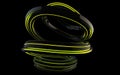 Shiny black abstract spiral form with green glowing stripes