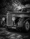 Shiny black Chevrolet Business Coupe at Classic Car Show in Woodinville,under the tree, in grayscale Royalty Free Stock Photo