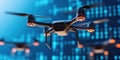 shiny black drone with glowing propellers hovers on a blue digital data background, symbolizing technology. Royalty Free Stock Photo