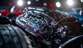 Shiny black hot rod engine with chrome details, blurred lights Royalty Free Stock Photo