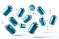 Shiny blue aluminum cans falling and bouncing on a white surface, ice cubes flying everywhere Royalty Free Stock Photo