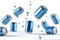 Shiny blue aluminum cans falling and bouncing on a white surface, ice cubes flying everywhere Royalty Free Stock Photo