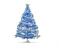 Shiny blue Christmas tree with silver tinsels and decorations