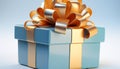 A shiny blue gift box wrapped in yellow wrapping paper generated by AI