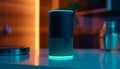 Shiny blue semiconductor illuminated by glowing electrical equipment in laboratory generated by AI