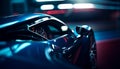 Shiny blue sports car speeds through city generative AI Royalty Free Stock Photo