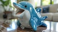 A shiny blue toy dolphin with an open mouth on a wooden floor. Royalty Free Stock Photo