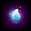 Shiny blue water drop icon for slot machine, game design element, vector illustration on dark background with sparkles. Royalty Free Stock Photo