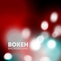 Bokeh Lights Blur Abstract Background Vector. Colorful bright white, blue, red Christmas bulb effect with dark black backdrop. Royalty Free Stock Photo