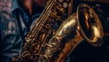 Shiny brass musician blowing wind into golden saxophone on stage generated by AI Royalty Free Stock Photo