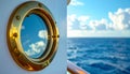 Brass porthole window on white ship wall overlooking blue ocean with fluffy white clouds Royalty Free Stock Photo