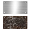 Shiny brushed metal aluminum or steel signboard. Rusty steel plate. Texture and background of polished shiny and rusty metal Royalty Free Stock Photo