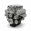 A shiny car engine with visible cylinders and pipes, isolated on a pure white background Royalty Free Stock Photo