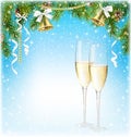 Shiny Christmas Background with Sparkling Wine Champagne Bells a Royalty Free Stock Photo