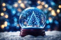 Shiny Christmas Tree In Snow Globe blue bokeh background. ai generative Royalty Free Stock Photo