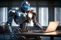 Shiny chrome exoskeleton android robot typing on a laptop. AI generated