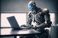 Shiny chrome exoskeleton android robot typing on a laptop. AI generated