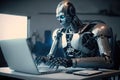 Shiny chrome exoskeleton android robot typing on a laptop. AI generated