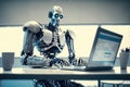 Shiny chrome exoskeleton android robot typing on a laptop. AI generated