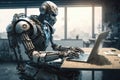 Shiny chrome exoskeleton android robot typing on a laptop. AI generated