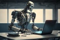 Shiny chrome exoskeleton android robot typing on a laptop. AI generated