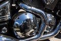 Shiny chrome motorcycle engine block Chopper. Royalty Free Stock Photo