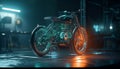 Shiny chrome motorcycle reflects modern elegance in illuminated garage generated by AI