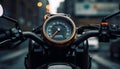 Shiny chrome motorcycle speedometer gauge illuminated indoors generated by AI