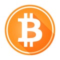 Shiny, circular orange bitcoin logo/icon. White on orange.