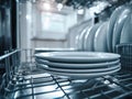 Shiny clean white ceramic plates neatly stacked inside an open modern dishwasher in a bright kitchen interior with natural light Royalty Free Stock Photo