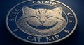 A shiny coin features a detailed engraving of a grinning cat with closed eyes. The