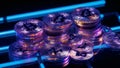Shiny Coins Stacked on a Neon Surface With a Blue Glow Highlighting Cryptocurrencies at Night Royalty Free Stock Photo