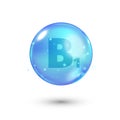 Shiny colored bowl with letter, vitamin, blue capsule. Blue bubble