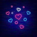 Shiny confetti with heart shapes neon sign. Happy Valentines day celebration. Outer glowing poster. Vector illustration Royalty Free Stock Photo